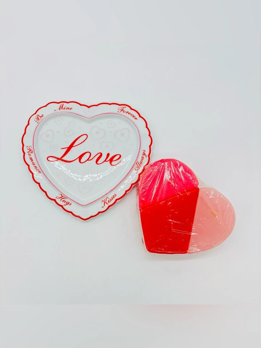 Vtg Romantic Love Heart Ceramic Tray 3 Piece Interlocking Candle Set 3D Coquette